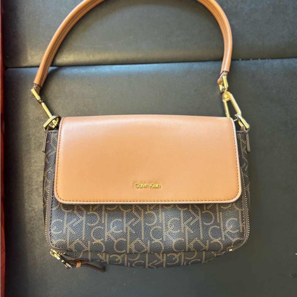 Calvin Klein Tan and Brown Shoulder Bag